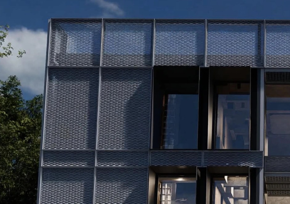 Expanded-metal mesh screen on the facade.