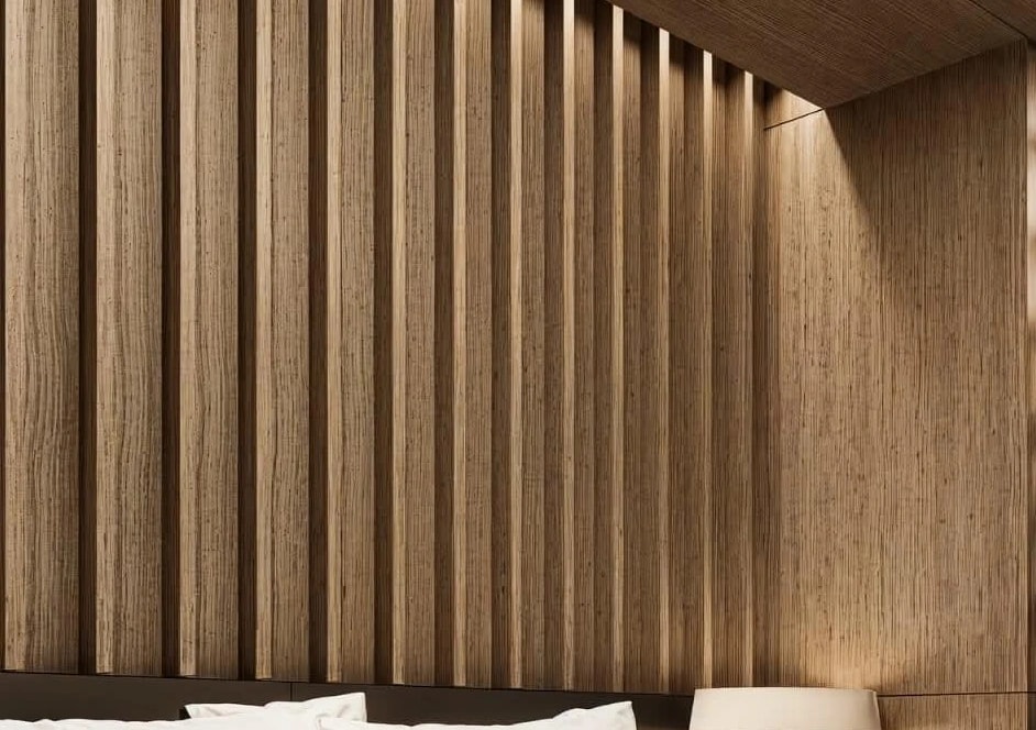 Vertical oak slat wall lining.